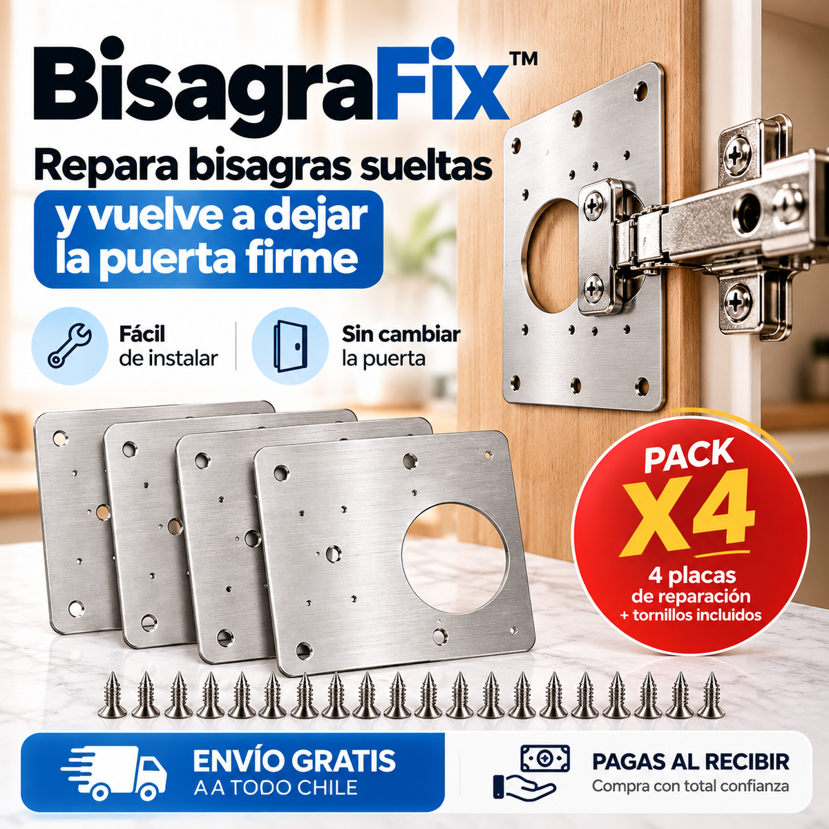 BisagraFix™| Pack x4 Placas Reparadoras de Bisagras